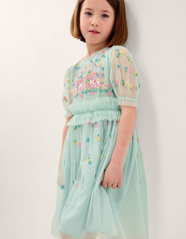 Puff Sleeve Floral Mesh Dress, Blue (BLUE), large