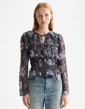 Scotch & Soda Print Smocked Waist Top, Blue (NAVY), large