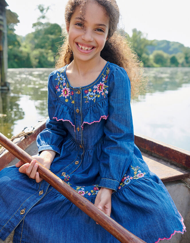 Embroidered Chambray Dress, Blue (BLUE), large