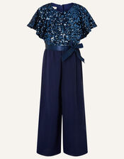 Sequin Flutter Sleeve Jumpsuit , Blue (NAVY), large