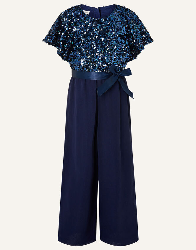 Sequin Flutter Sleeve Jumpsuit , Blue (NAVY), large