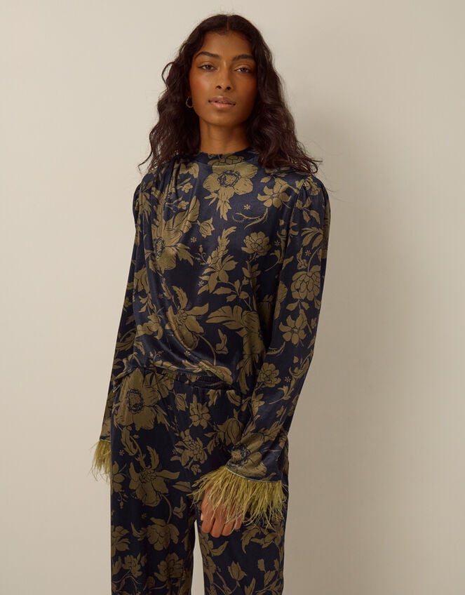 Princella Faux Feather Sleeve Floral Velvet Top, Blue (NAVY), large