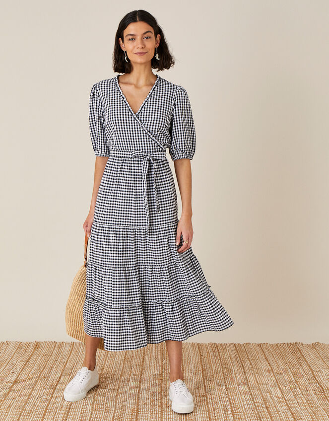 Gingham Wrap Dress in Organic Cotton, Black (BLACK), large
