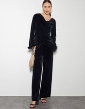 Fay Velvet Feather Sleeve Cowl Top, Black (BLACK), large