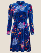 Valerie Star Print Short Velvet Dress, Blue (BLUE), large