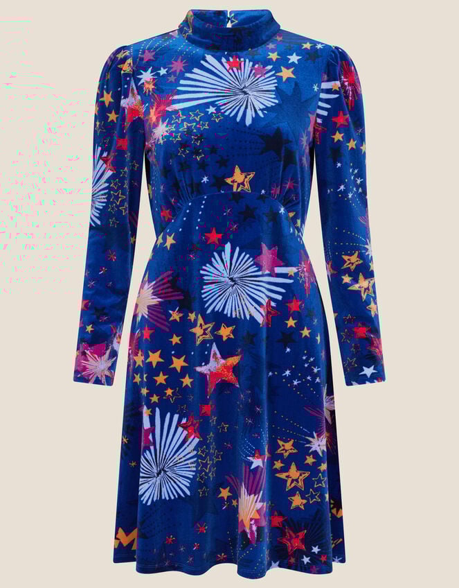 Valerie Star Print Short Velvet Dress, Blue (BLUE), large