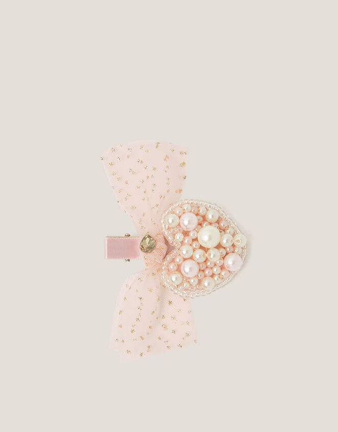 Pearl Heart Bow Hair Clip, , large