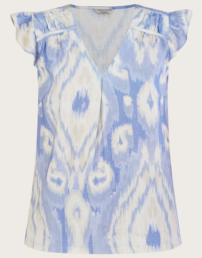 Peggy Ikat Tank Top in Linen Blend, Blue (BLUE), large