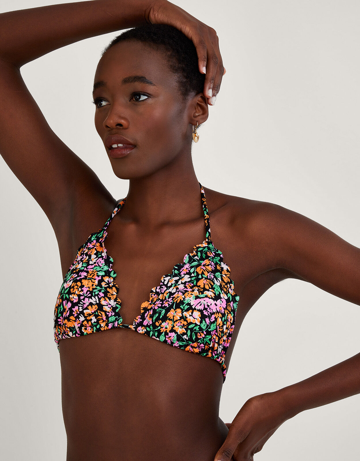 Ditsy Print Bikini Top with Recycled Polyester Black Bikini tops