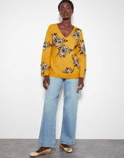 Jess V-Neck Floral Jacquard Jumper, Yellow (OCHRE), large