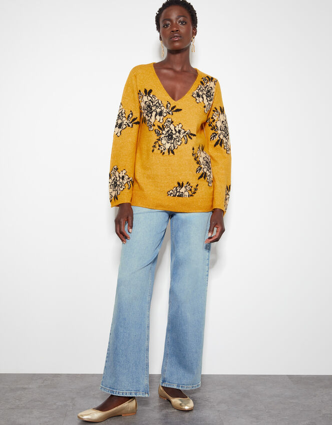 Jess V-Neck Floral Jacquard Jumper, Yellow (OCHRE), large