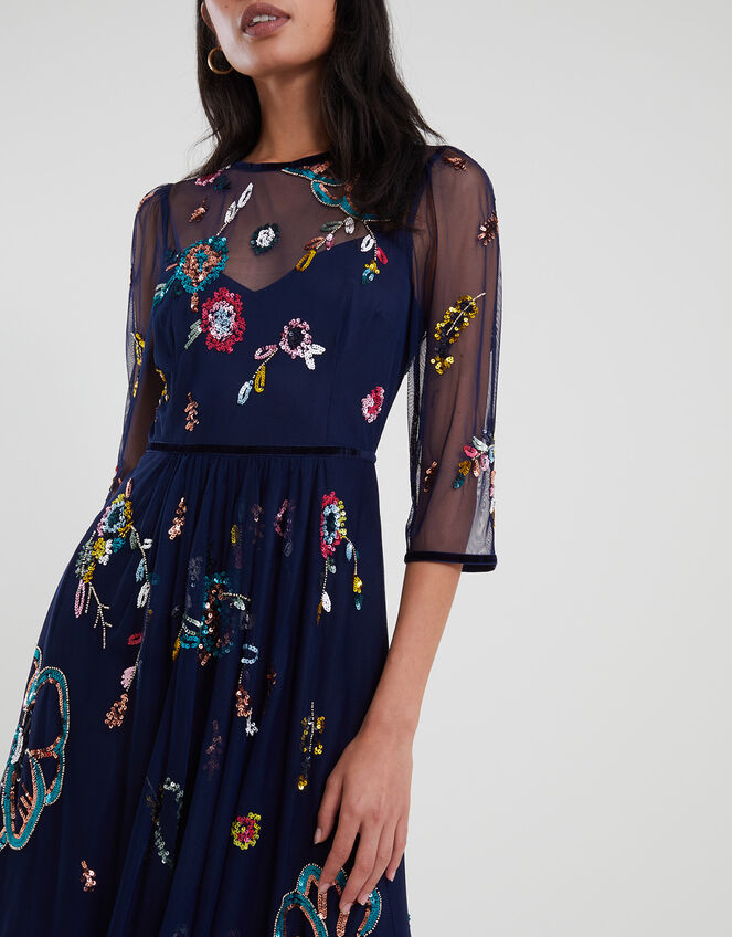 Nyla Embellished Midi Dress in Recycled Polyester, Blue (NAVY), large