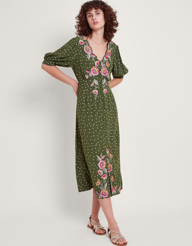 Myla Embroidered Tea Dress, Green (OLIVE), large