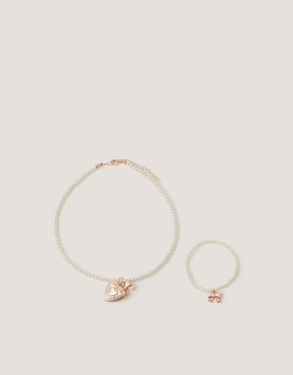 Bow Locket Pearl Necklace & Bracelet Set, , large