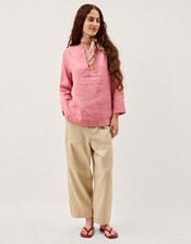 Alexis Knot Button Linen Top, Pink (DUSKY PINK), large