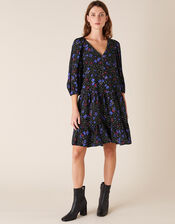 Floral Zip Neck Short Dress, Black (BLACK), large