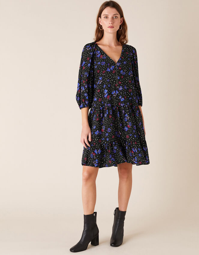 Floral Zip Neck Short Dress, Black (BLACK), large
