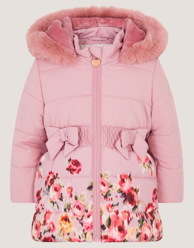 Baby Blurred Floral Print Puffer Coat, Pink (PINK), large
