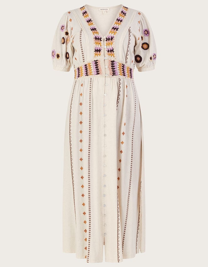 Crochet Trim Midi Dress in Linen Blend, Natural (NATURAL), large