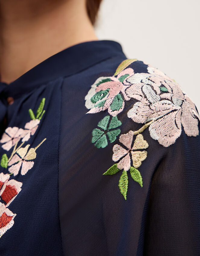 Annika Floral Embroidered Chiffon Midi Dress Blue