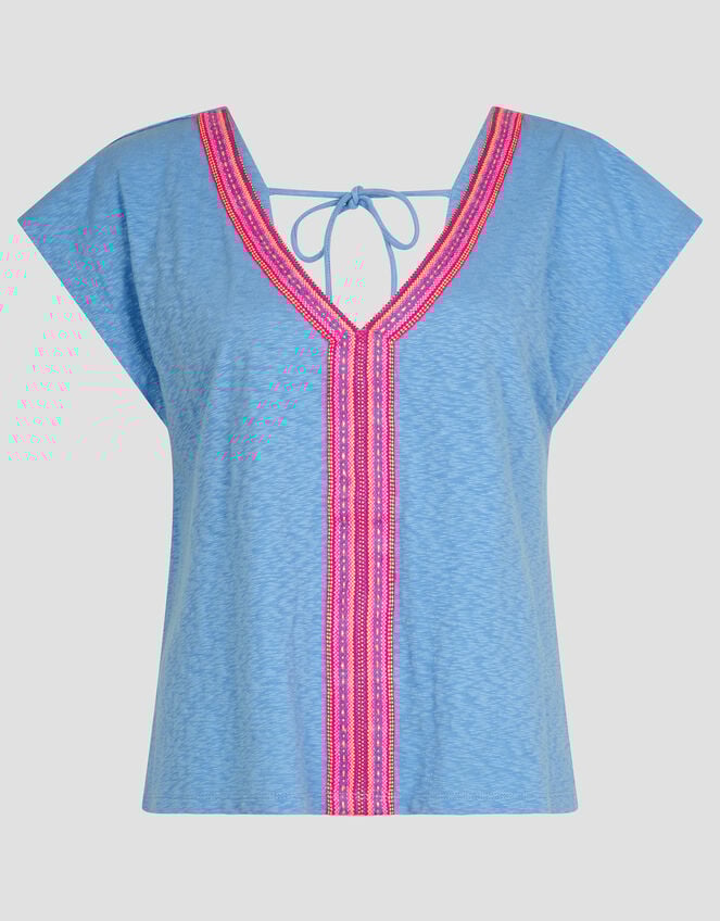 Elena Embroidered V-Neck Jersey T-Shirt, Blue (BLUE), large