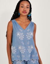 Embroidered Denim Tank Top, Blue (DENIM BLUE), large