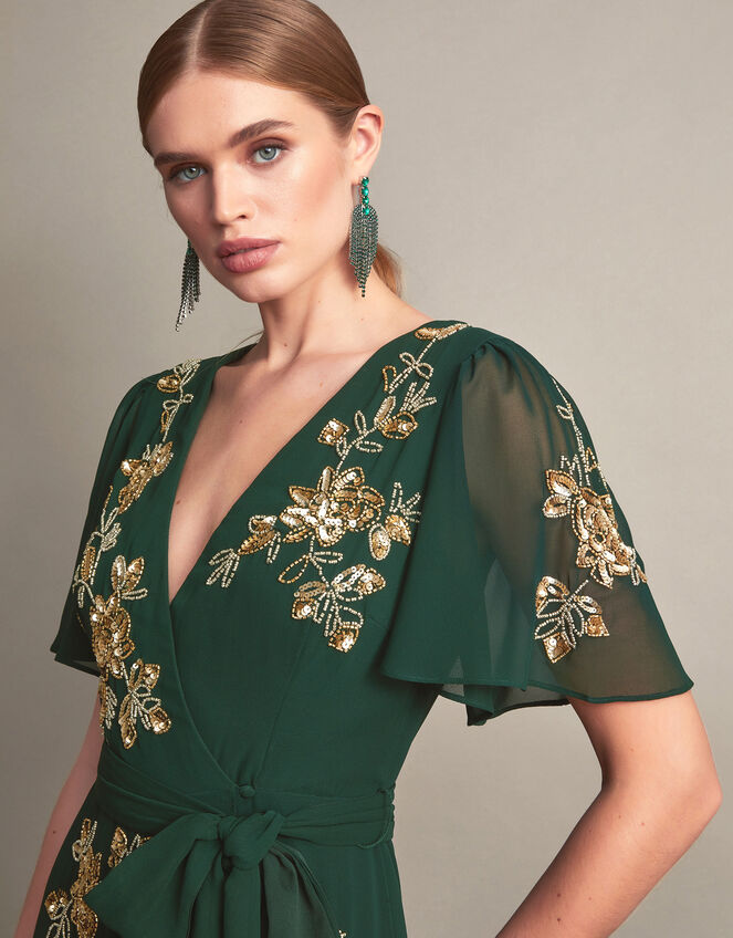 Sarah Embellished Wrap Dress , Green (GREEN), large