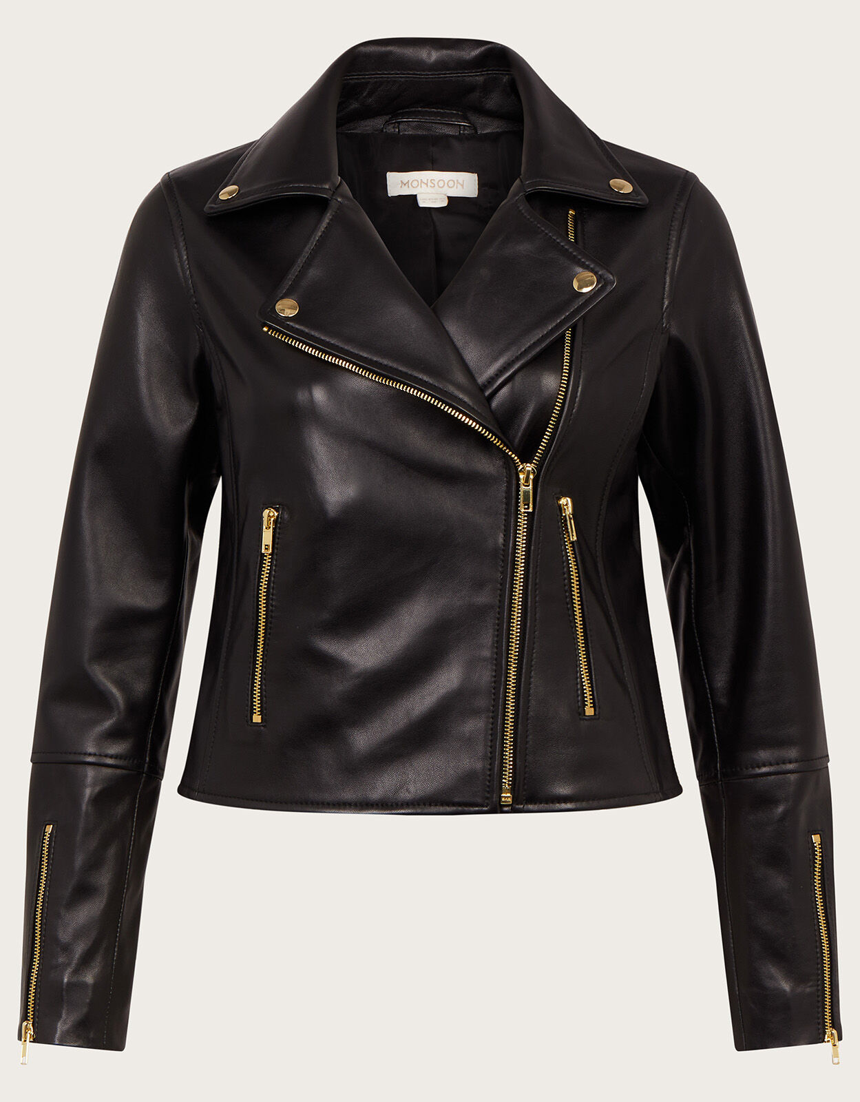 Black leather jacket gold zips outlet