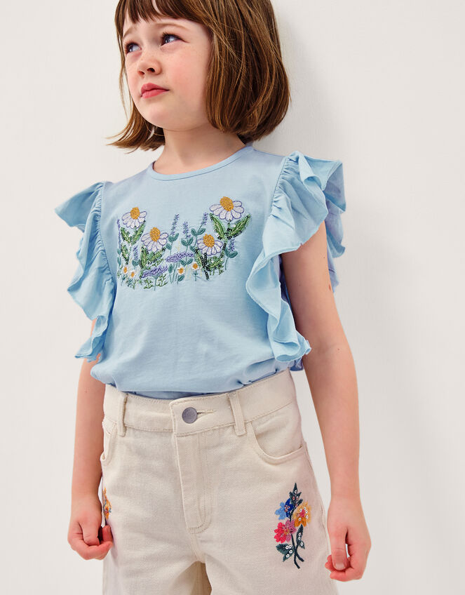 Floral Embroidered Frill T-Shirt, Blue (BLUE), large