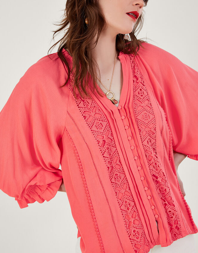 Hattie Lace Insert Top in Sustainable Viscose, Orange (CORAL), large