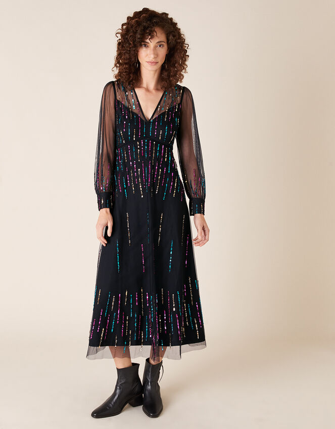 Louise Sequin Midi Dress, Black (BLACK), large