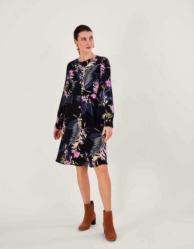 Elsie Printed Tea Dress in Sustainable Viscose, Black (BLACK), large