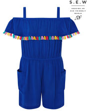 Marley Bardot Tassel Playsuit in LENZING™ ECOVERO™, Blue (BLUE), large