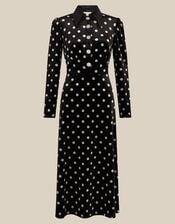 Shay Polka Dot Velvet Midi Dress, Black (BLACK), large