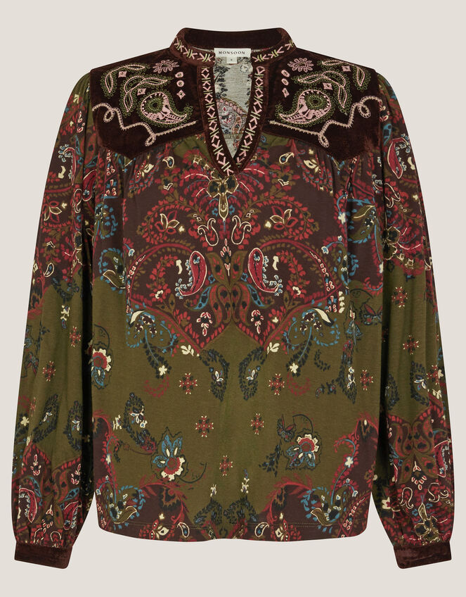 Jemima Paisley Print Jersey Top, Green (GREEN), large