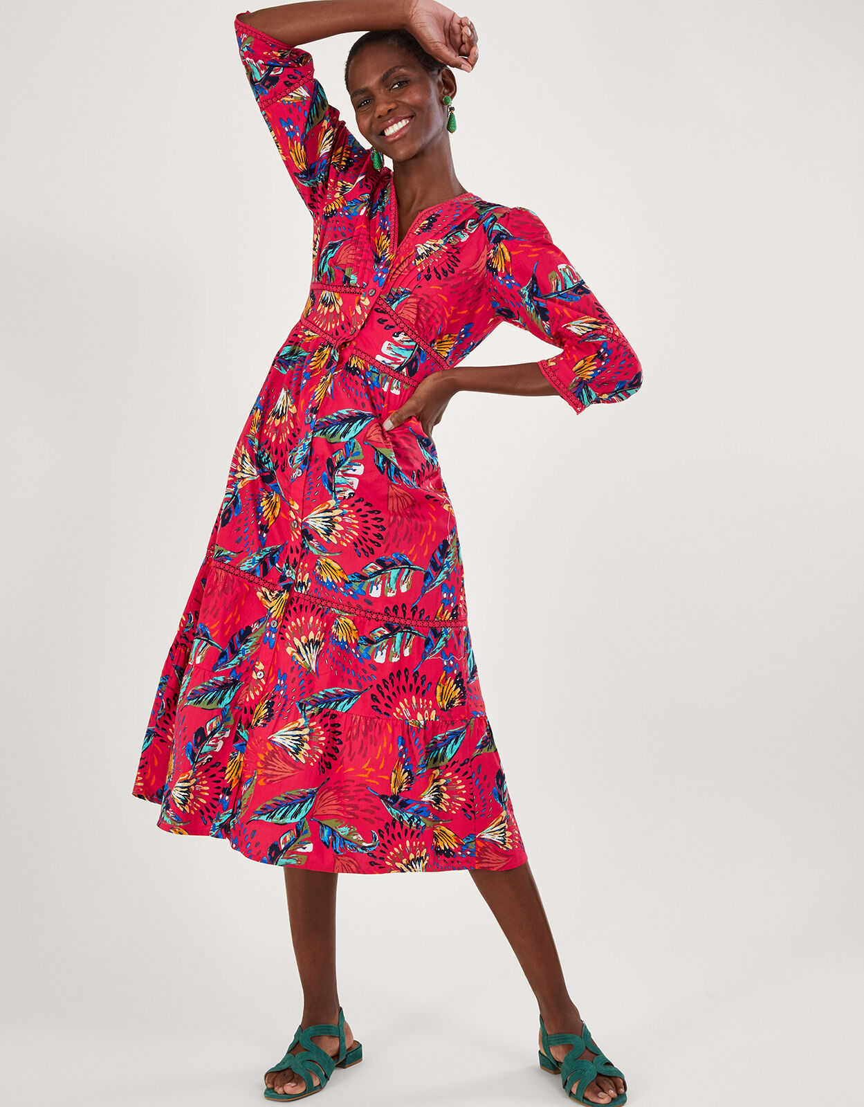 Flavia Feather Print Midi Dress Red