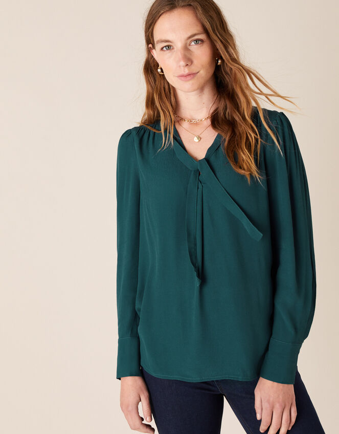 Tie Front Blouse with LENZING™ ECOVERO™, Green (DARK GREEN), large