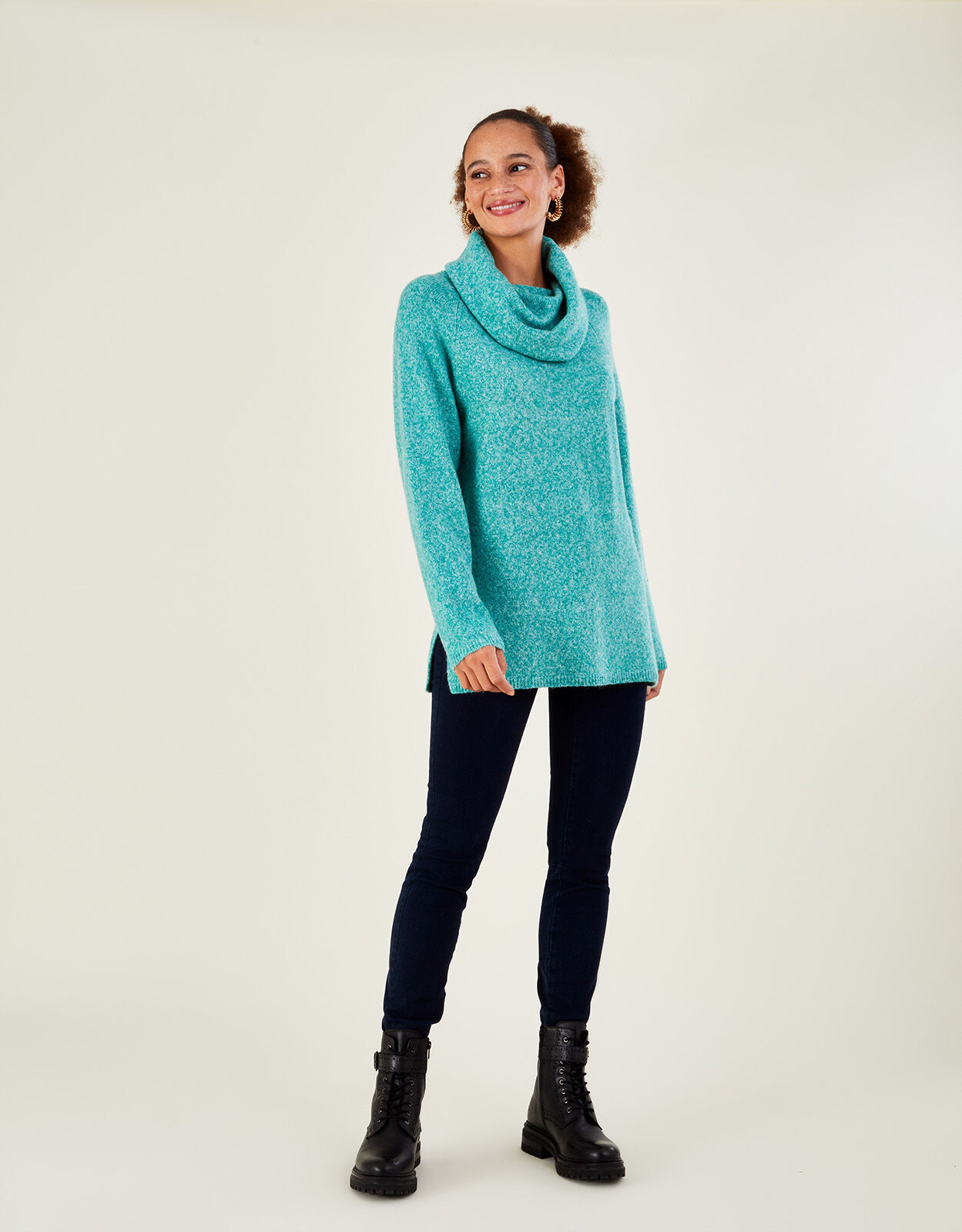 Cowl Neck Longline Jumper with Recycled Polyester Green Knitwear