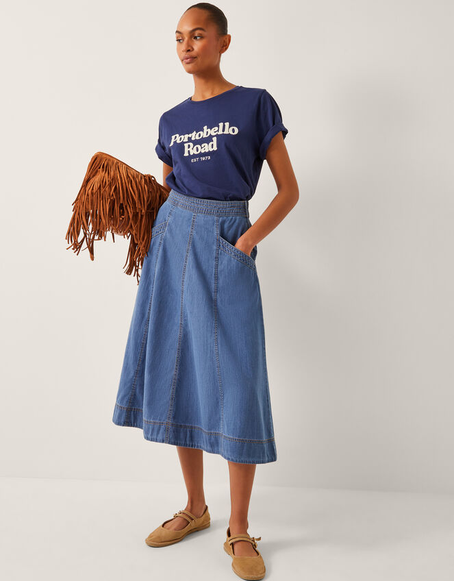 Harper Seamed Denim Midi Skirt Blue