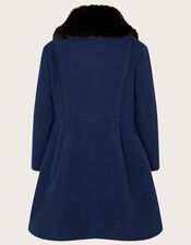 Faux Fur Trim Military Style Coat, Blue (BLUE), large