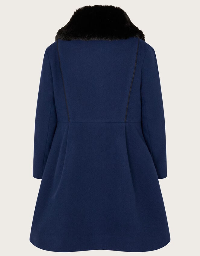 Faux Fur Trim Military Style Coat, Blue (BLUE), large