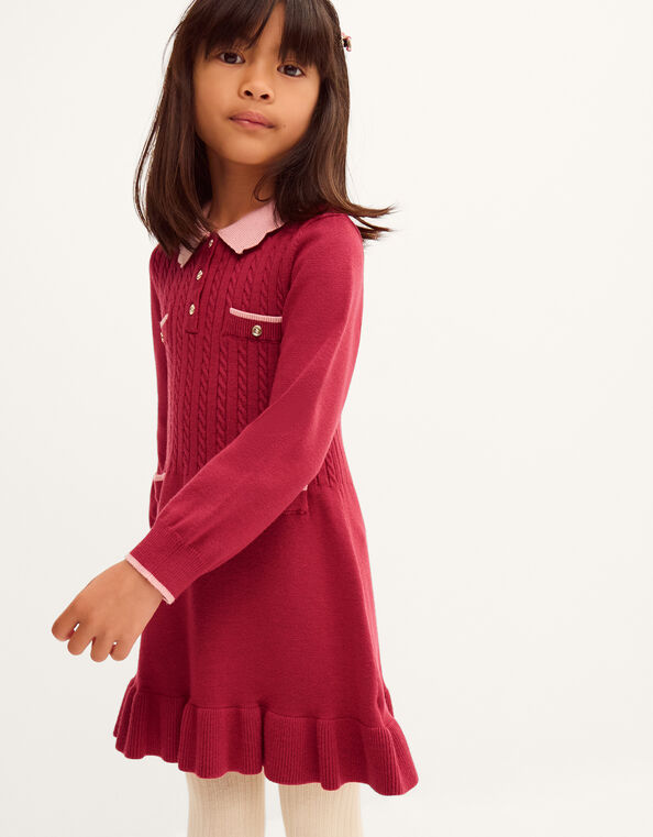 Scallop Collar Cable Knit Dress, Red (BURGUNDY), large