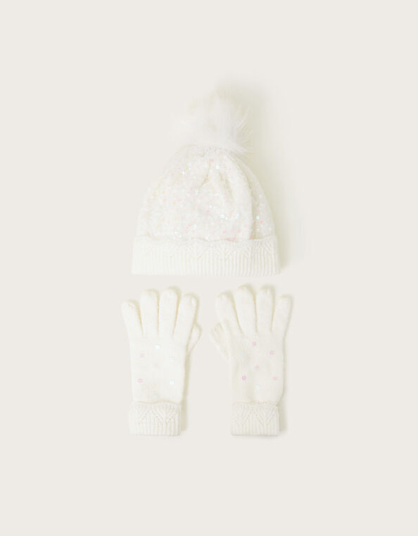 Lizzie Sequin Hat and Gloves Set, Ivory (IVORY), large