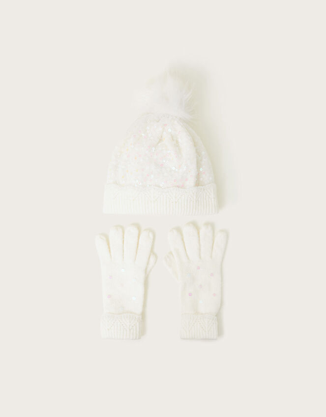 Lizzie Sequin Hat and Gloves Set, Ivory (IVORY), large