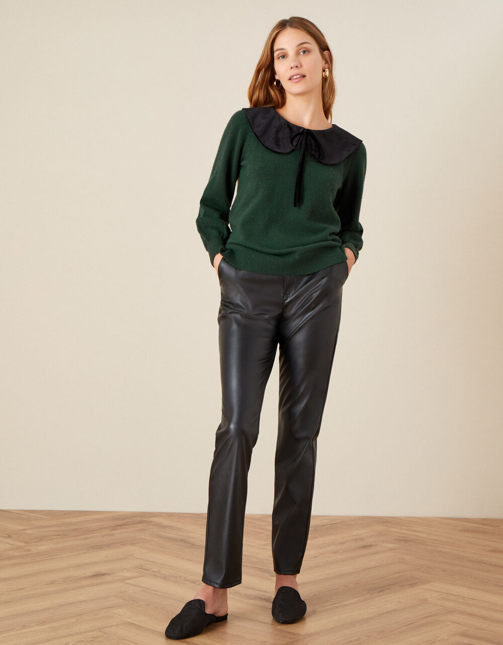 Velvet Tie Collar Knit Jumper Green
