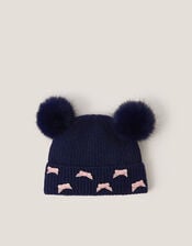 Fluffy Pom Bow Beanie Hat, Blue (NAVY), large
