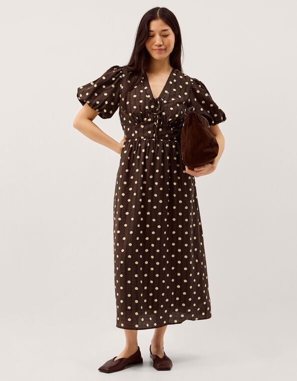 Paris Puff Sleeve Polka Dot Midi Dress, Brown (CHOCOLATE), large