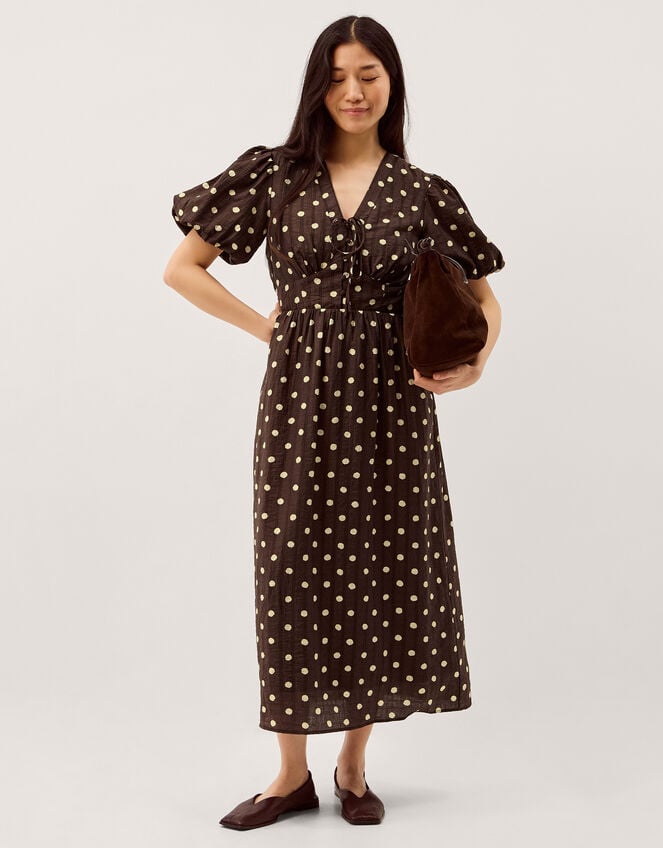 Paris Puff Sleeve Polka Dot Midi Dress, Brown (CHOCOLATE), large