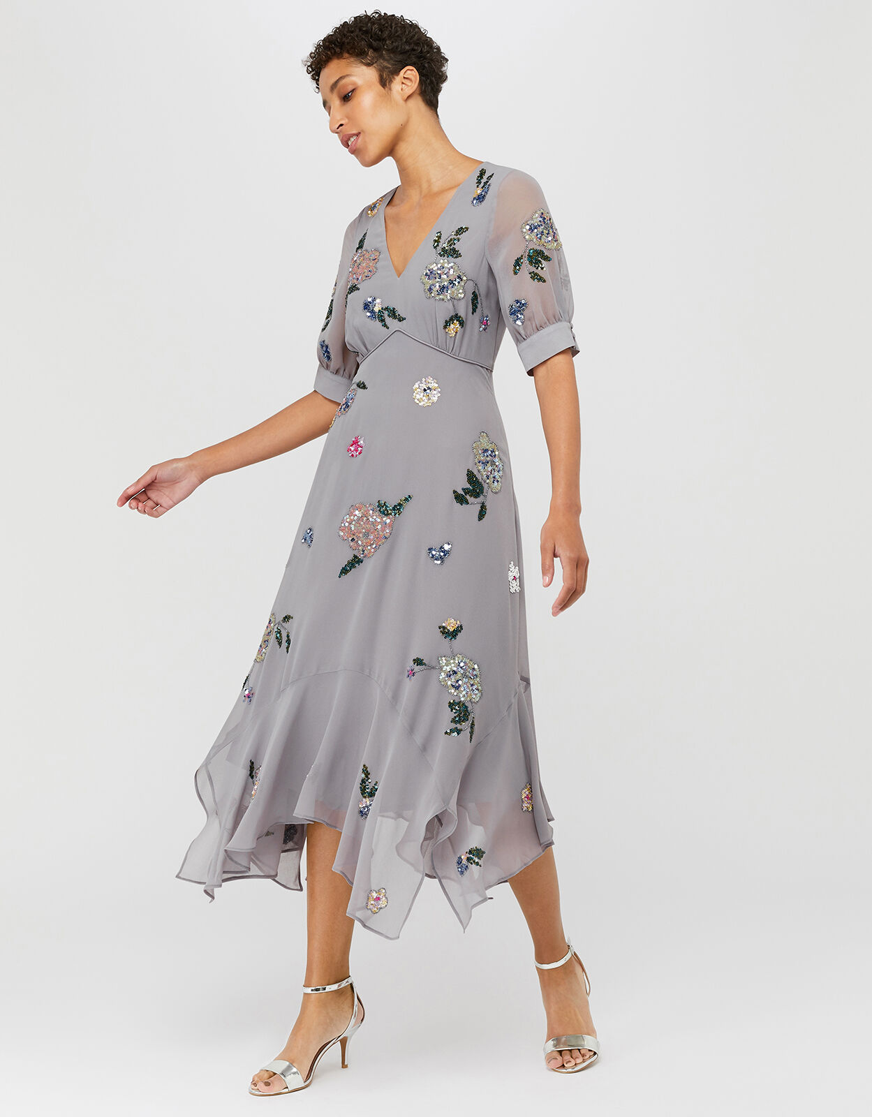 Harriette Embellished Hanky Hem Midi Dress Grey