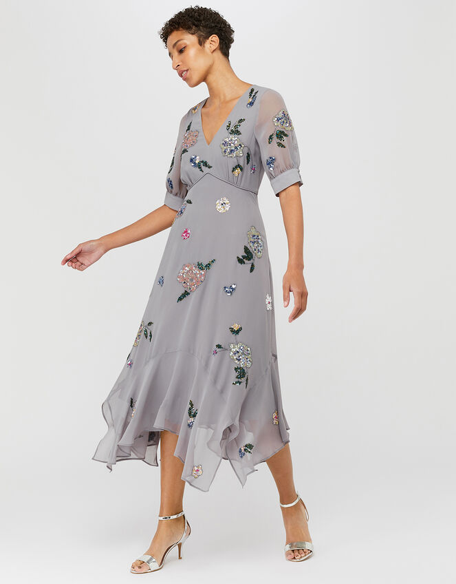 Harriette Embellished Hanky Hem Midi Dress, Grey (GREY), large